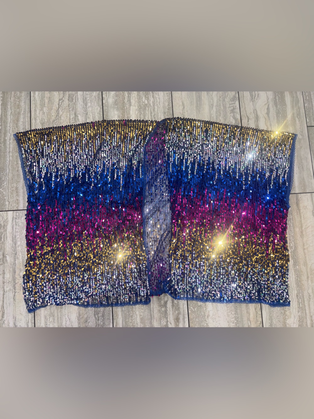 Sequin Ombre Festival Boho Cape Shrug Jacket in Blue-Pink-Gold free size EUC